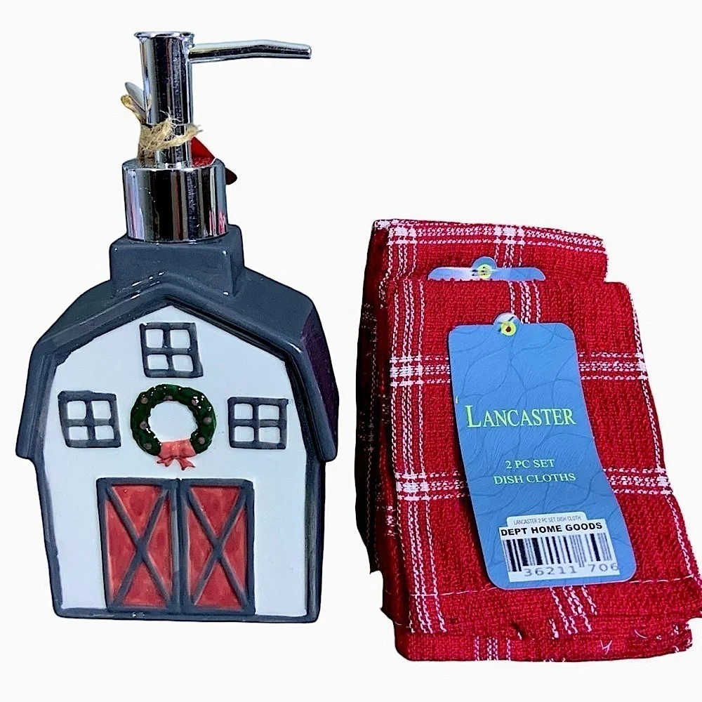 Holiday Soap Dispenser Barn  Farmhouse Plaid Dish Cloth Red White Gift Set 5 PC